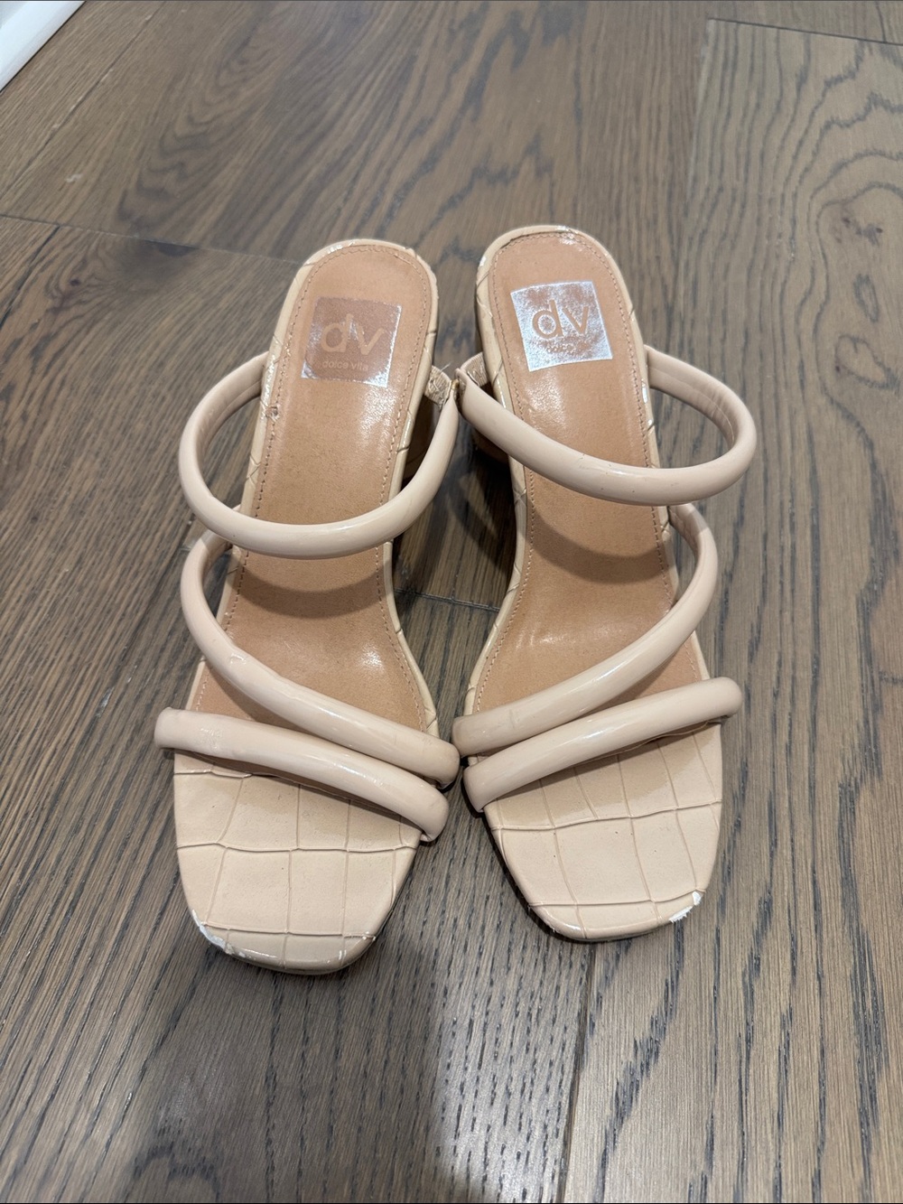 DV by Dolce Vita Nude Croc-Textured Triple Strap Block Heels